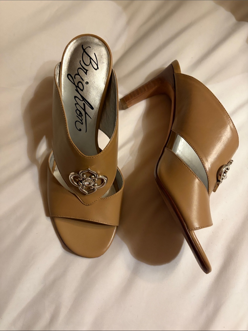 Brighton Regent Brown Leather High Heel Mules with Decorative Medallion